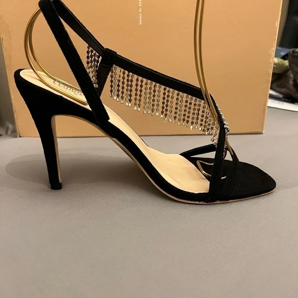 Adika Black Rhinestone Fringe Strappy Sandals 8